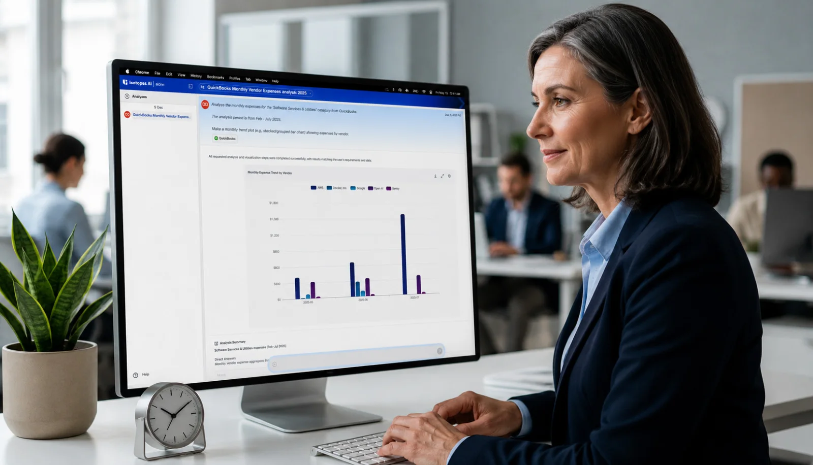 Business analyst reviewing vendor expense analytics dashboard in Isotopes AI aidnn software platform.